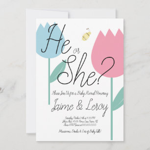 Spring Tulips Pink Blue Gender Reveal He or She Invitation
