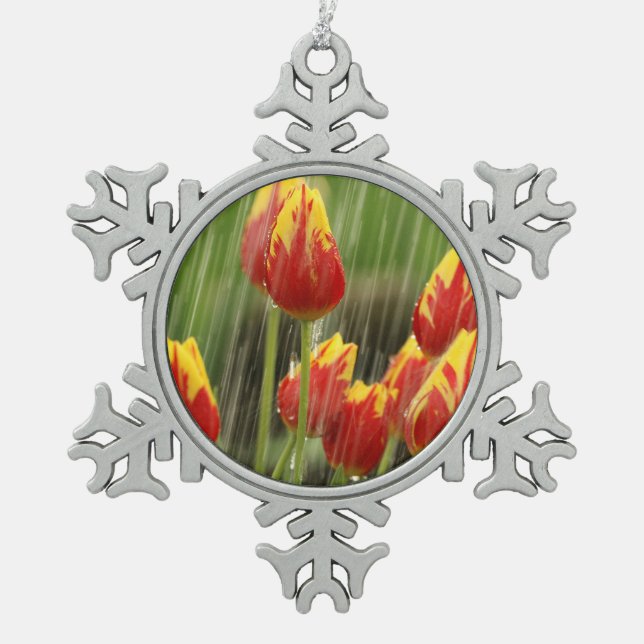 Spring Tulips Snowflake Pewter Christmas Ornament (Front)