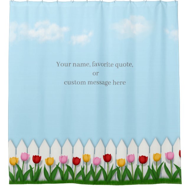 Spring Tulips White Picket Fence Customisable Shower Curtain (Front)