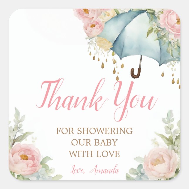 Spring Umbrella Baby Shower Thank You Square Sticker (Front)