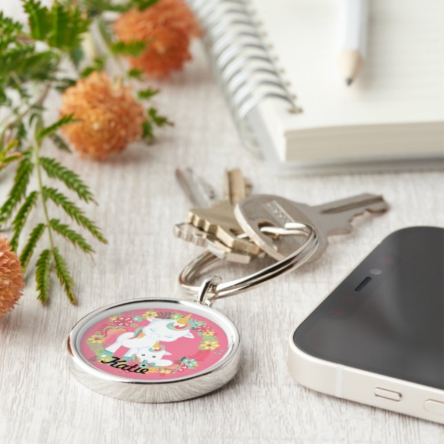 Spring Unicorns and Floral Personalised Key Ring (Side)