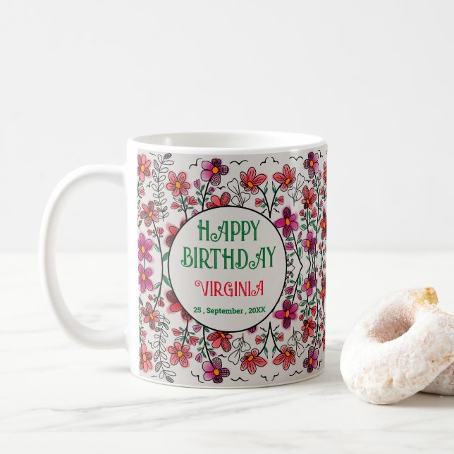 SPRING UNIQUE RED DOODLE FLOWERS BIRTHDAY  COFFEE MUG (With Donut)
