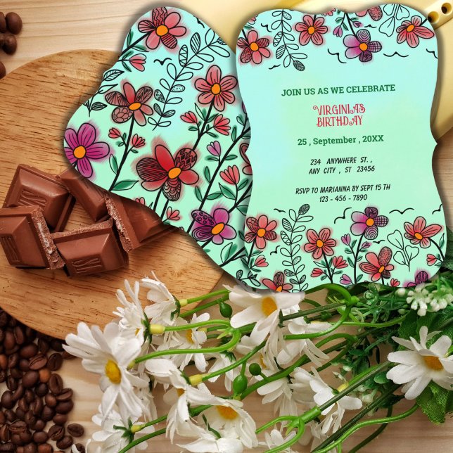 SPRING UNIQUE RED DOODLE FLOWERS BIRTHDAY  INVITATION (Creator Uploaded)