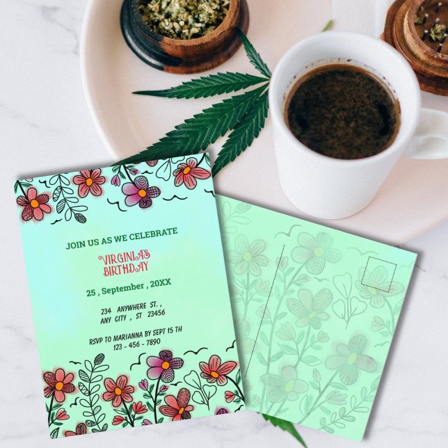 SPRING UNIQUE RED DOODLE FLOWERS BIRTHDAY  INVITATION POSTCARD (Creator Uploaded)