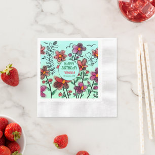SPRING UNIQUE RED DOODLE FLOWERS BIRTHDAY NAPKIN