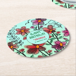 SPRING UNIQUE RED DOODLE FLOWERS BIRTHDAY  ROUND PAPER COASTER