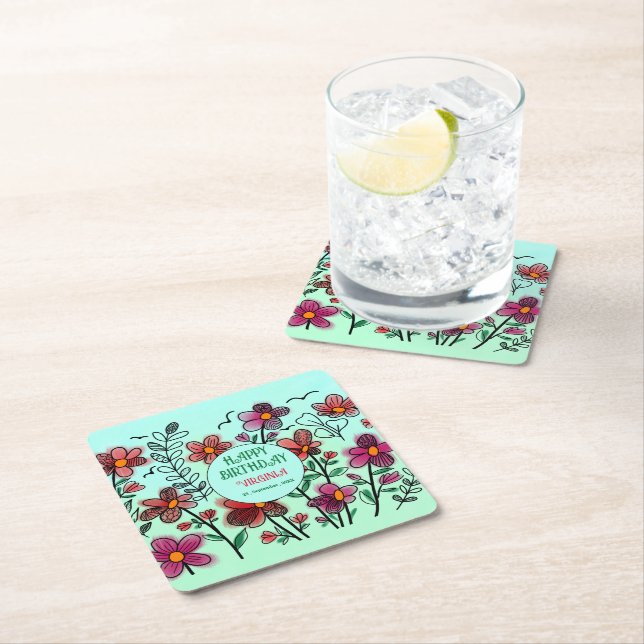 SPRING UNIQUE RED DOODLE FLOWERS BIRTHDAY  SQUARE PAPER COASTER (Insitu)