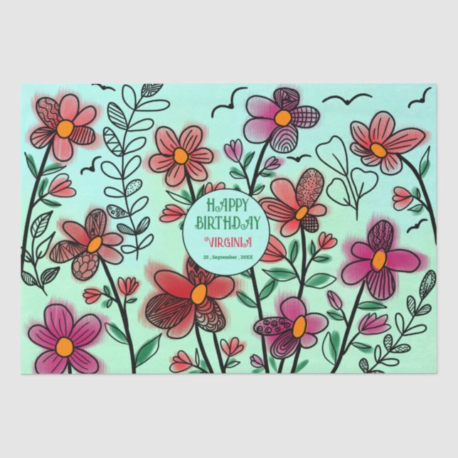 SPRING UNIQUE RED DOODLE FLOWERS BIRTHDAY  TISSUE PAPER (Front)