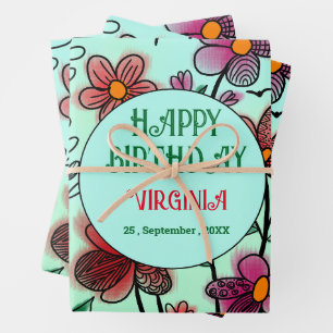 SPRING UNIQUE RED DOODLE FLOWERS BIRTHDAY  WRAPPING PAPER SHEET