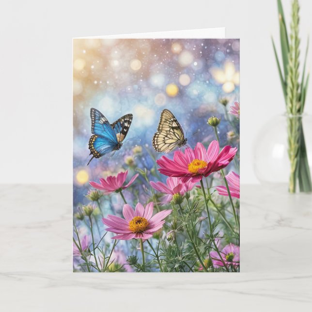 Spring Vernal Equinox Fantasy Butterflies Flowers Card (Front)