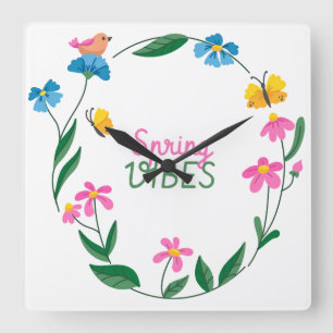 Spring Vibes with Flowers and Butterflies Square Wall Clock