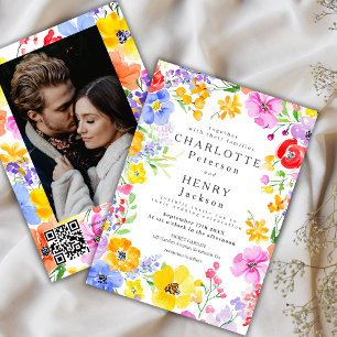 Spring Vibrant  Watercolor Flowers Photo Wedding Invitation