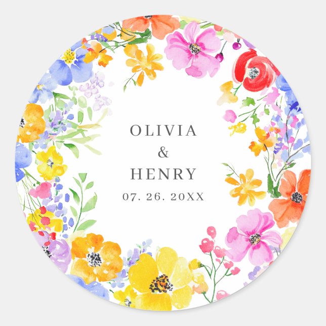 Spring Vibrant Watercolor Flowers Wedding  Classic Round Sticker (Front)