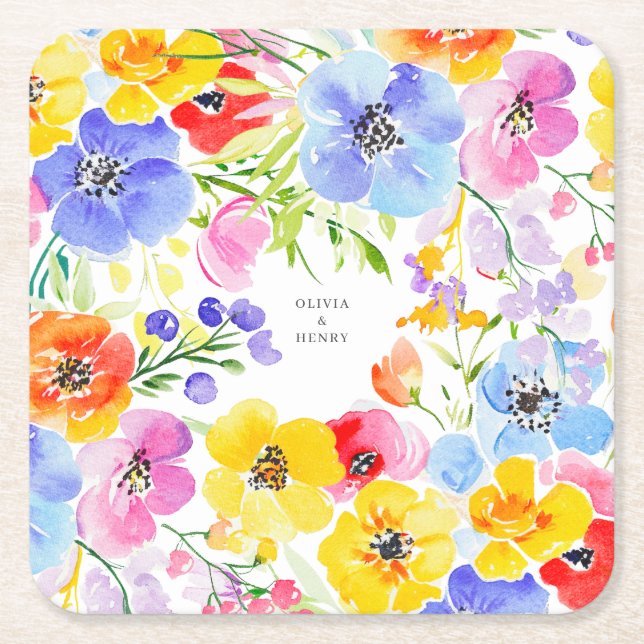 Spring Vibrant Watercolor Flowers Wedding  Square Paper Coaster (Front)