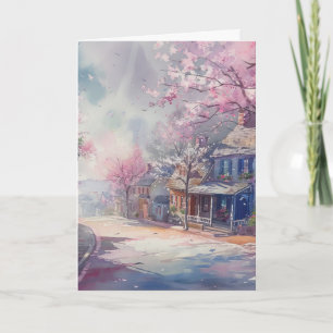 Spring Village Scene Hello Greeting Card