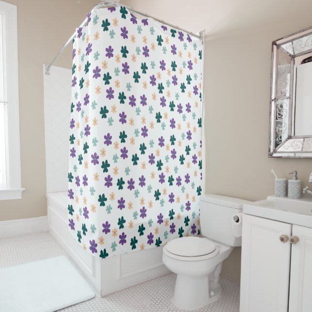 Spring Violet Flowers Pattern on White Background Shower Curtain (In Situ)
