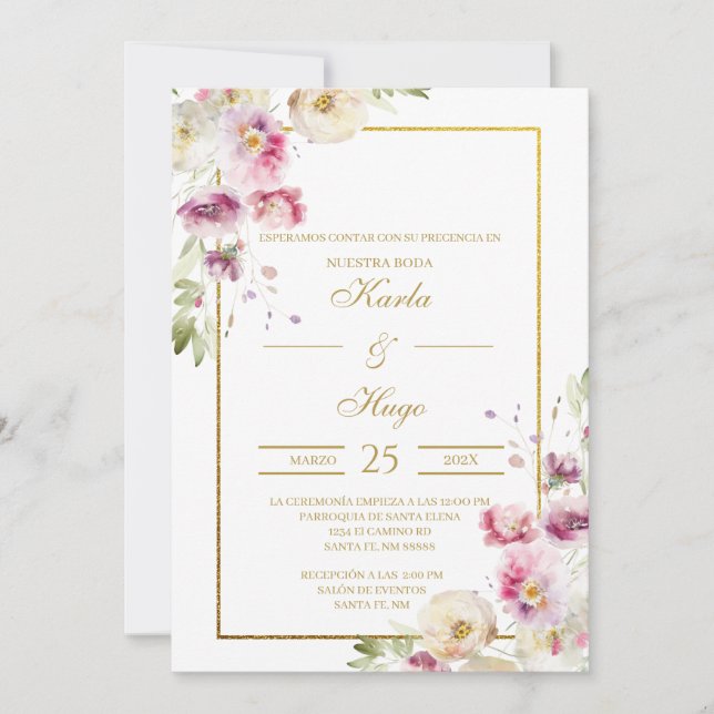 Spring water coloured floral Spanish Wedding Invitation (Front)