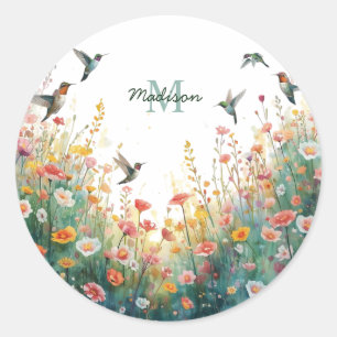 Spring Watercolor Birds Floral Monogram Wildflower Classic Round Sticker