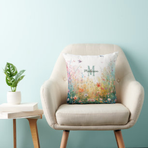 Spring Watercolor Birds Floral Monogram Wildflower Cushion