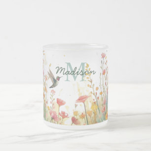 Spring Watercolor Birds Floral Monogram Wildflower Frosted Glass Coffee Mug