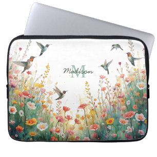 Spring Watercolor Birds Floral Monogram Wildflower Laptop Sleeve