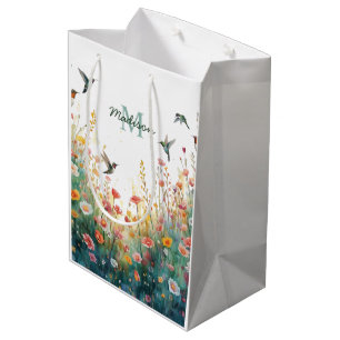 Spring Watercolor Birds Floral Monogram Wildflower Medium Gift Bag