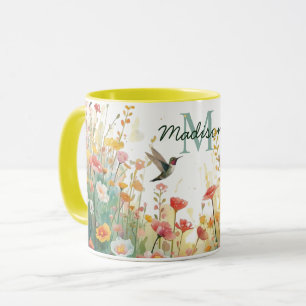 Spring Watercolor Birds Floral Monogram Wildflower Mug