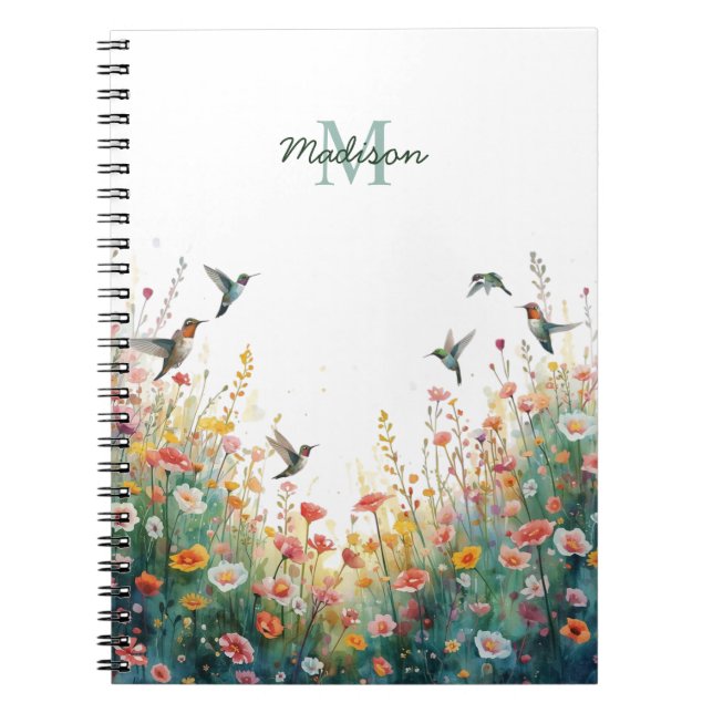 Spring Watercolor Birds Floral Monogram Wildflower Notebook (Front)