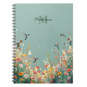 Spring Watercolor Birds Floral Monogram Wildflower Notebook