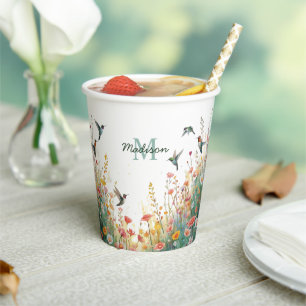 Spring Watercolor Birds Floral Monogram Wildflower Paper Cups