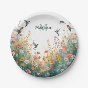 Spring Watercolor Birds Floral Monogram Wildflower Paper Plate