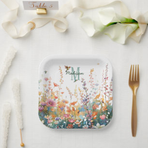 Spring Watercolor Birds Floral Monogram Wildflower Paper Plate