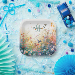 Spring Watercolor Birds Floral Monogram Wildflower Paper Plate
