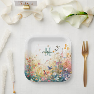 Spring Watercolor Birds Floral Monogram Wildflower Paper Plate