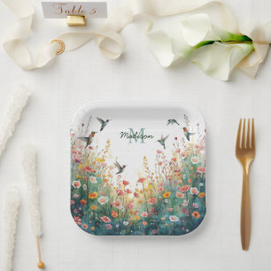 Spring Watercolor Birds Floral Monogram Wildflower Paper Plate