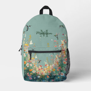 Spring Watercolor Birds Floral Monogram Wildflower Printed Backpack