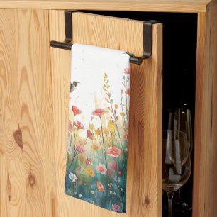 Spring Watercolor Birds Floral Monogram Wildflower Tea Towel