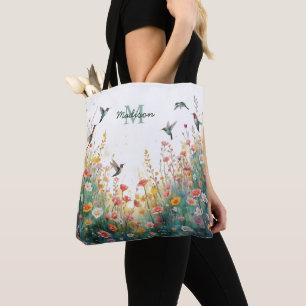 Spring Watercolor Birds Floral Monogram Wildflower Tote Bag
