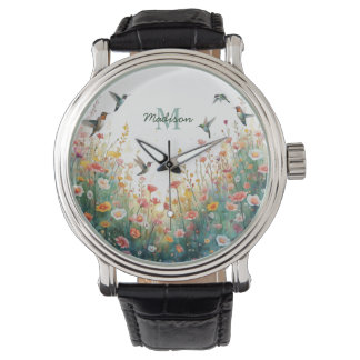 Spring Watercolor Birds Floral Monogram Wildflower Watch