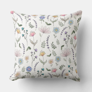 Spring Watercolor Doodle Flowers Cushion