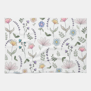 Spring Watercolor Doodle Flowers Tea Towel