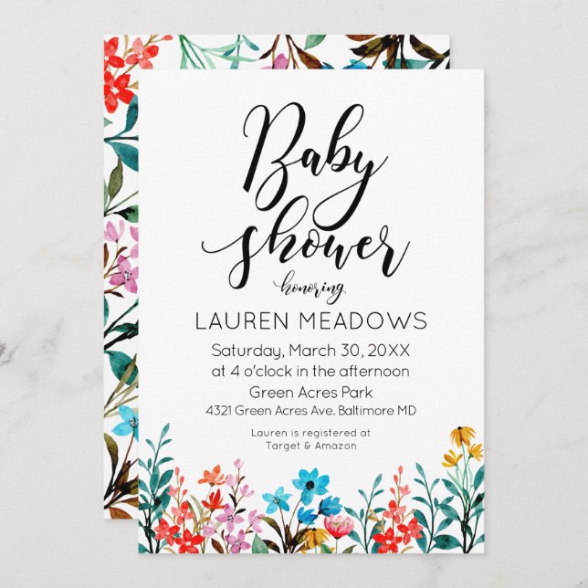 Spring Watercolor Floral Baby Shower Invitation (Front/Back)