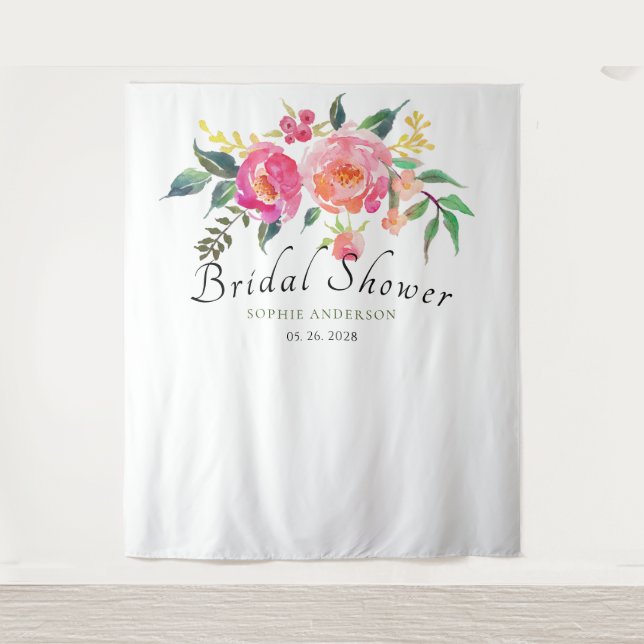 Spring Watercolor Floral Bridal Shower Photobooth Tapestry (Front)