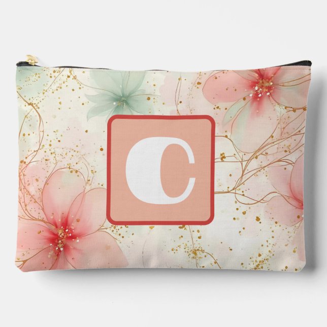 Spring Watercolor Floral Garden Monogram  Accessory Pouch (Front)