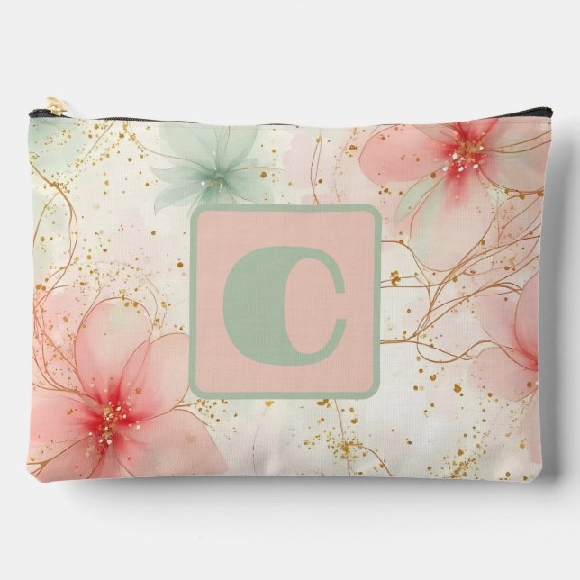 Spring Watercolor Floral Garden Monogram  Accessory Pouch (Front)