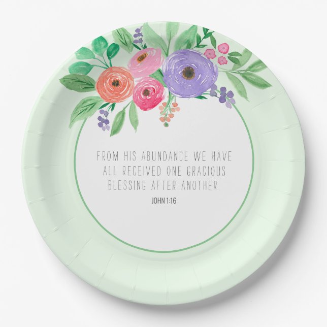 Spring Watercolor Floral John 1:16 Paper Plate (Front)