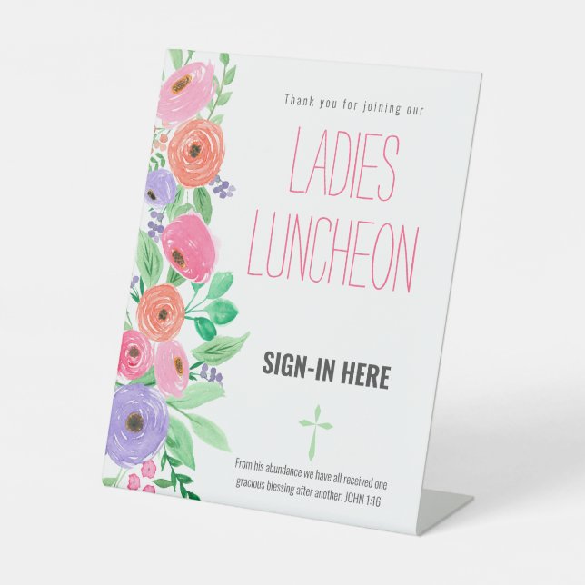 Spring Watercolor Floral Ladies Church Luncheon Pedestal Sign (Front)