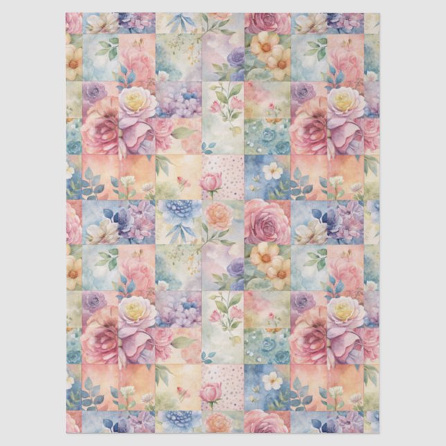 Spring Watercolor Floral Patchwork Decoupage Paper (Front)