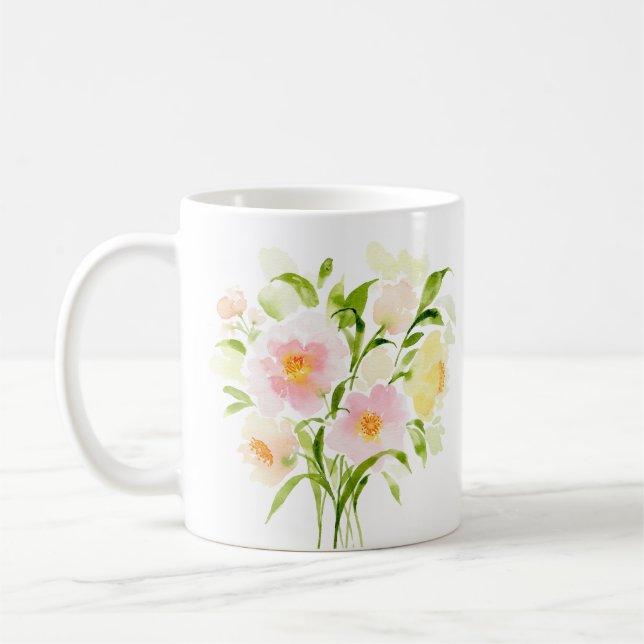 Spring watercolor floral peony flower coffee mug (Left)