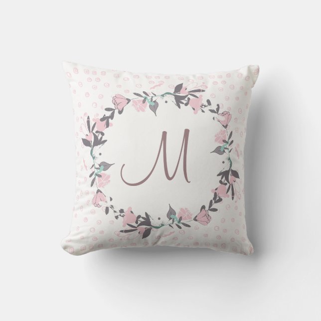 spring watercolor floral wreath monogram cushion (Front)